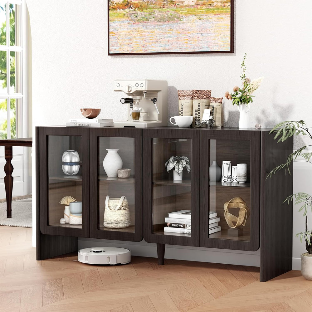 NicBex 55in Buffet Cabinet with Glass Doors, Modern Storage Cabinet, Walnut