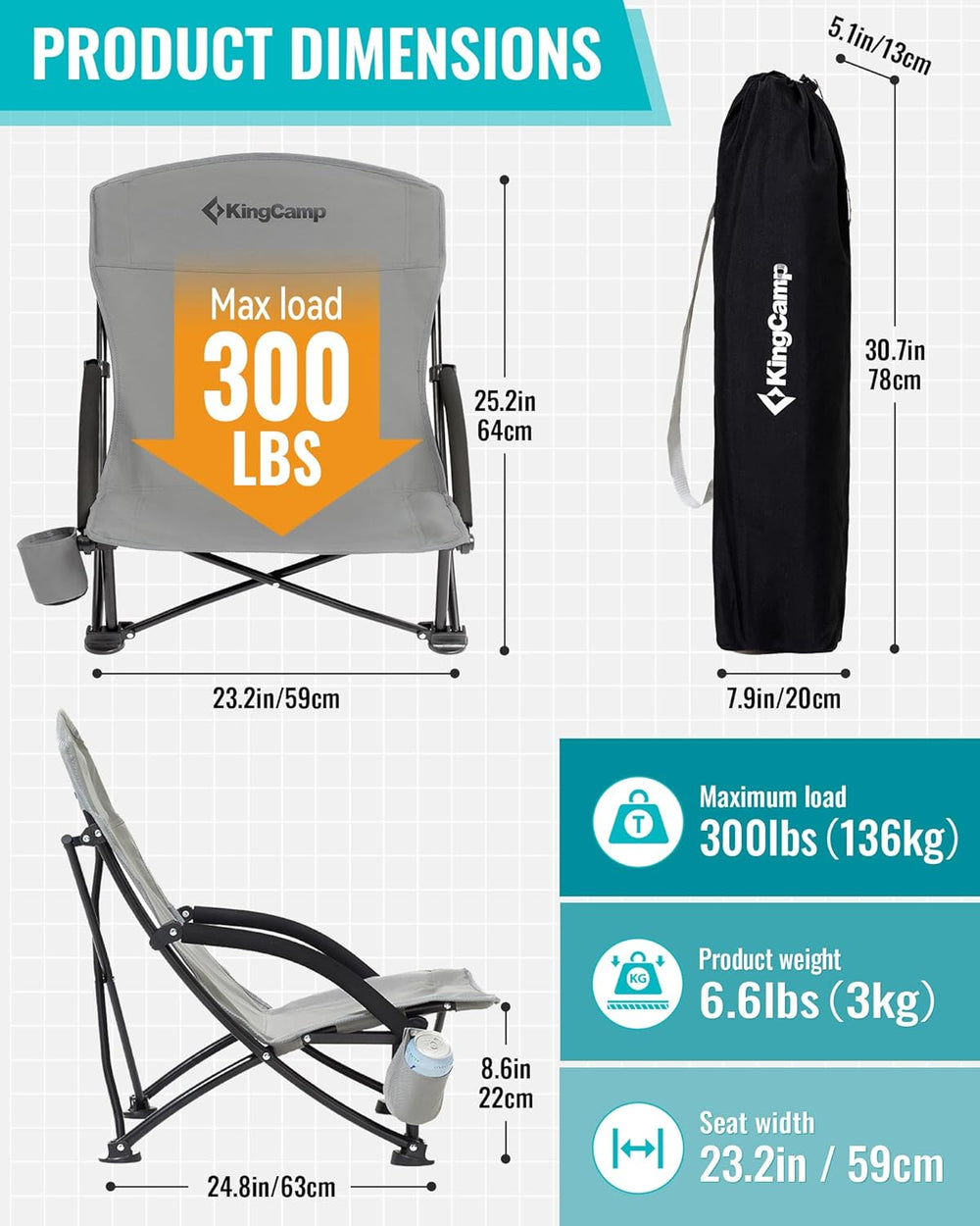 KingCamp High Beach Chairs 2 Pack, Folding Portable Chairs for Adults