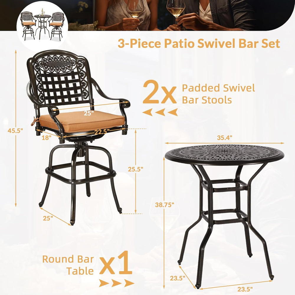 3-Piece Patio Swivel Bar Set, High Top Bar Table & Chairs, All-Weather Ca...