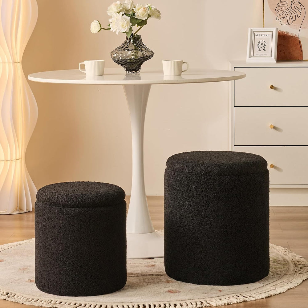 BLEXA Set of 2 Round Storage Ottoman, Black Boucle Ottoman with Storage