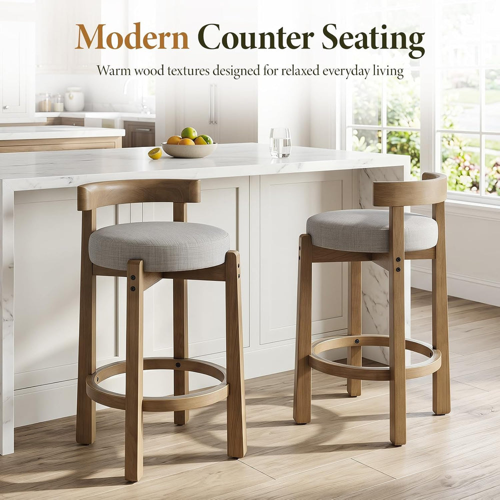 Ya-Home Mid-Century Bar Stools Set of 2, 26.5 Inch Linen Counter Height Uphol...