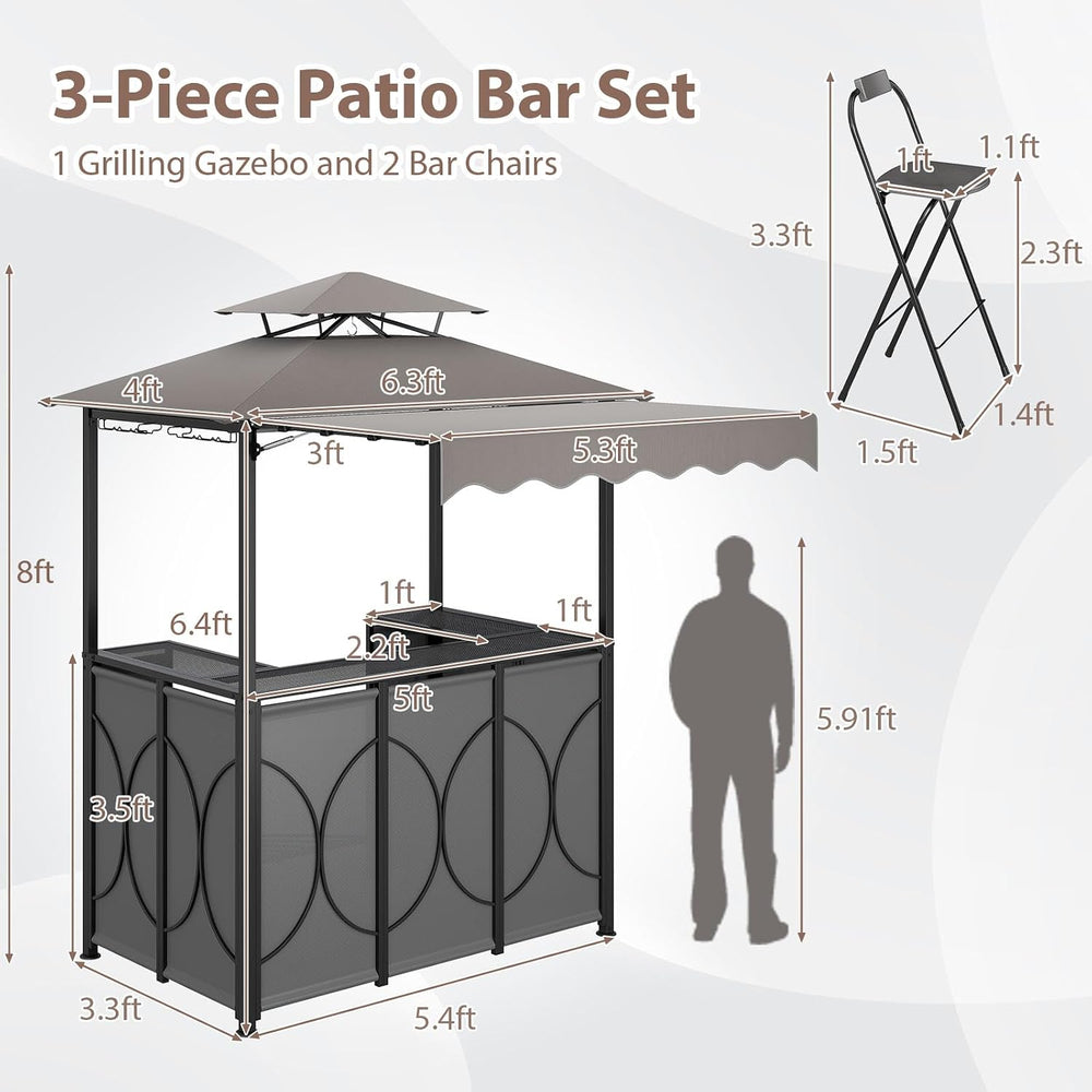 Tangkula 3 Piece Patio Bar Set with 2 Foldable Bar Stools (Gray)