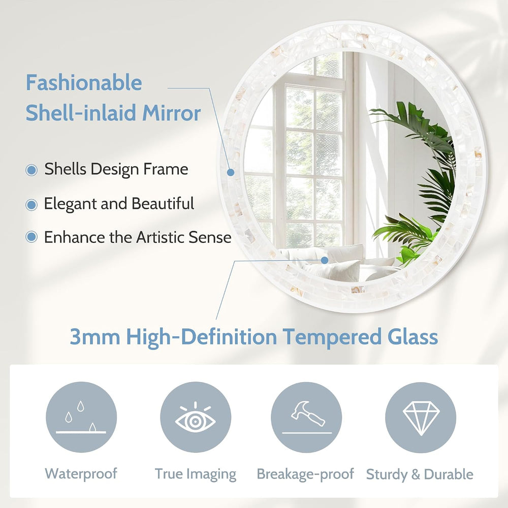 24 Inch Round Bathroom Mirror, Coastal Shell Framed Wall Decor