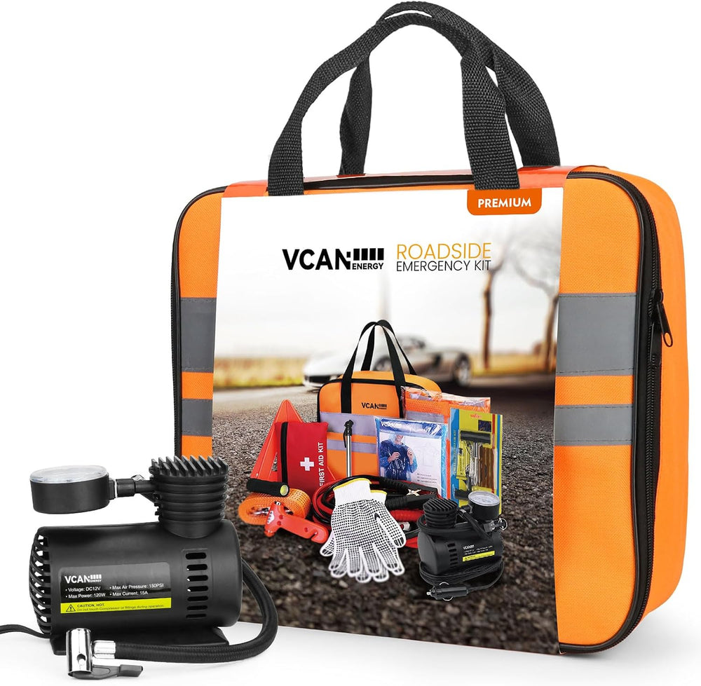 VCANENERGY Car Emergency Safety Kit Bag with Portable Air Compressor, Jumper ...