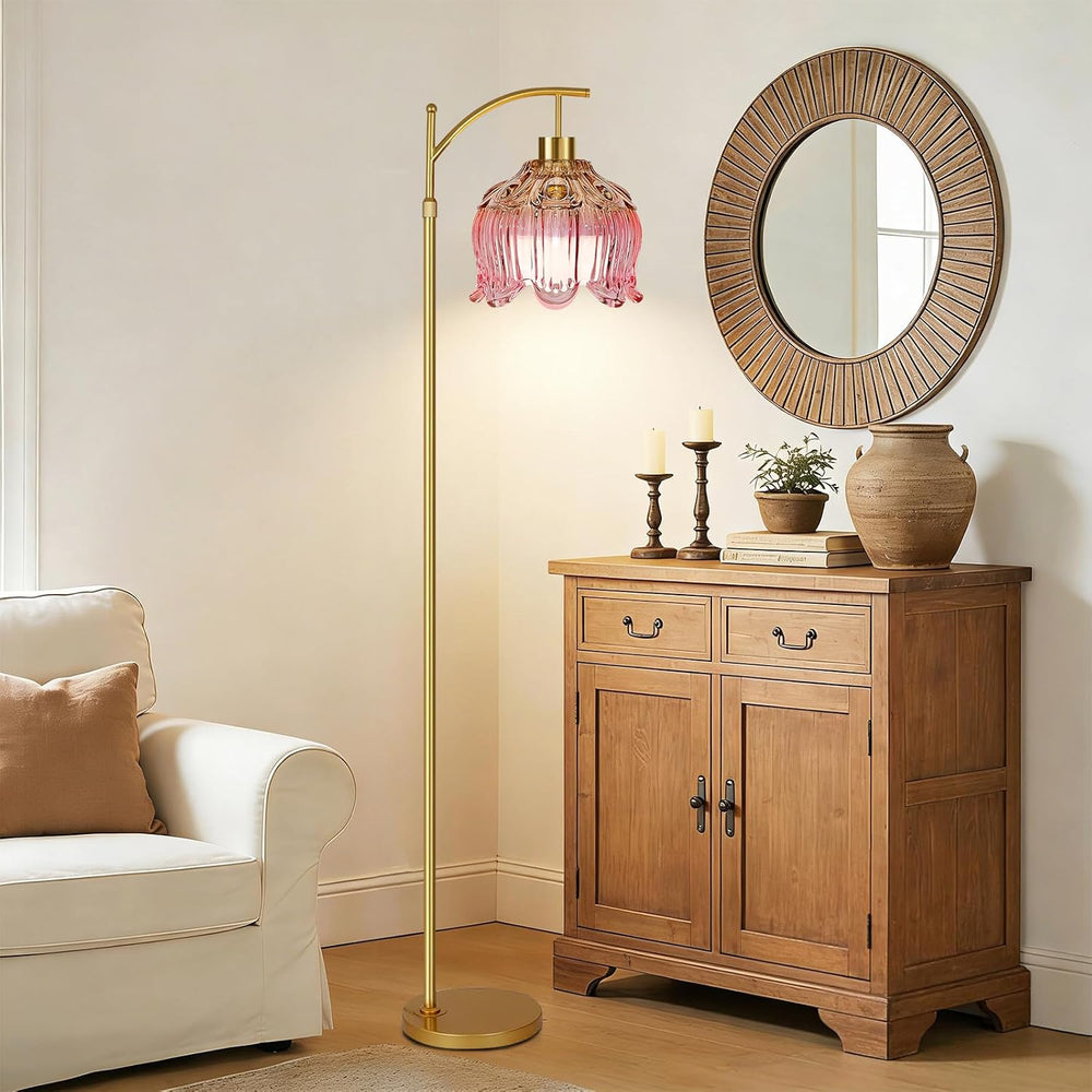 QIYIZM Pink Floor Lamp for Living Room,Bedroom,Glass Gold Dimmable Standing L...