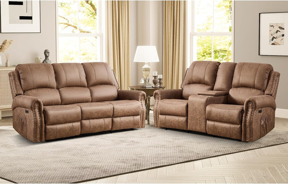 EBELLO 2 Pieces Power Reclining Sofa Set, Faux Leather Reclining Living Room ...