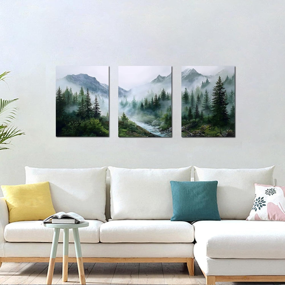 Trogonup Misty Forest Wall Art for Bathroom Green Mountain Landscape Canvas P...