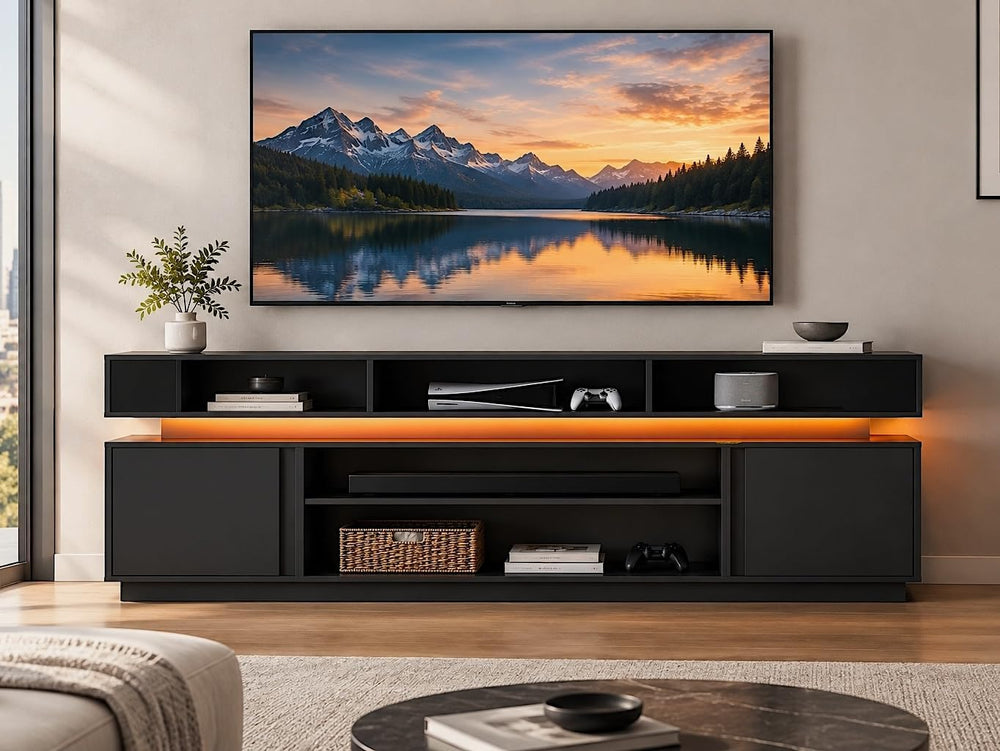 WLIVE Modern TV Stand for 75 Inch TV, 2 Tier Entertainment Center with RGB LE...