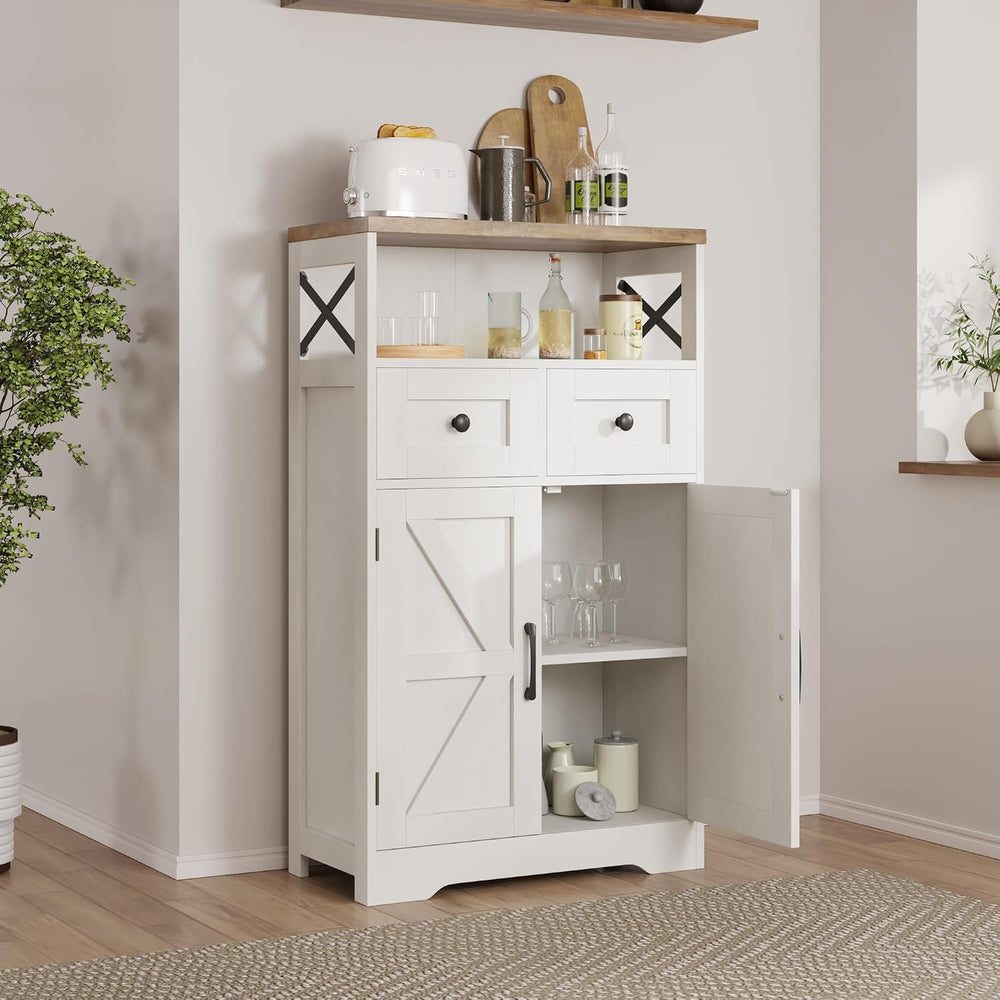 White Farmhouse Storage Cabinet with Doors and Drawers, Small Pantry Hutch