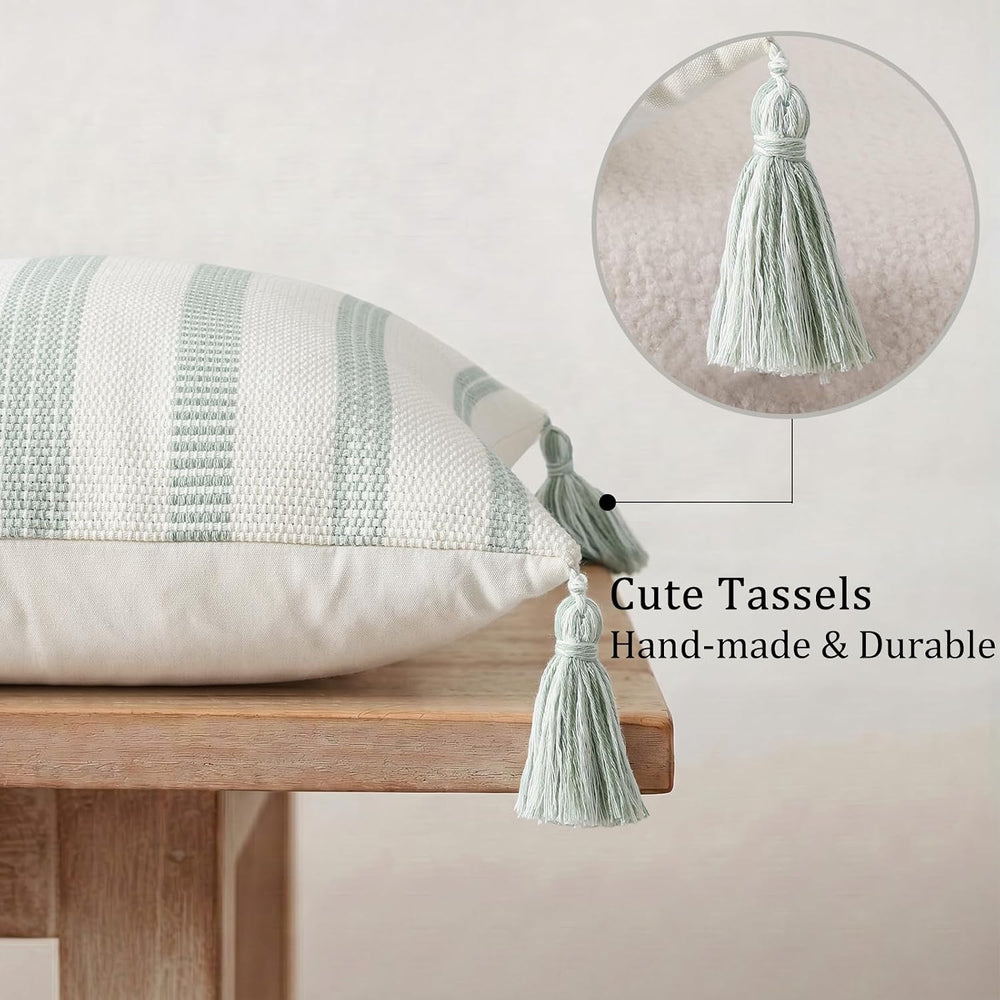 Smile Bee Outdoor Striped Pillow Covers 20x20 Set of 2 Sage Green and White