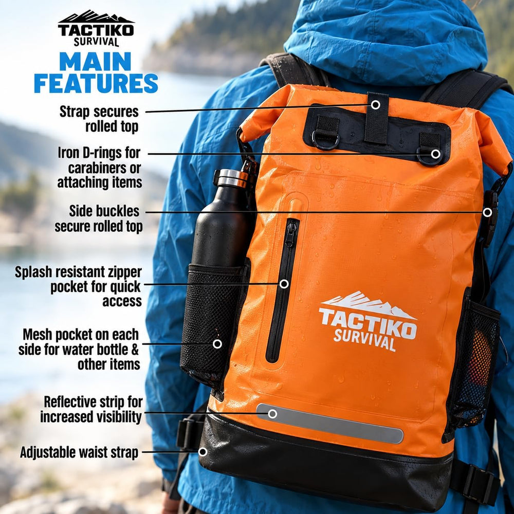 Tactiko Survival 35L Heavy-Duty 100% Waterproof Backpack, Roll Top Dry Bag