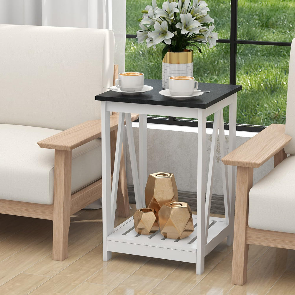 End Table, Farmhouse Square Side Table with Slat Shelf, 15.7" Black Top