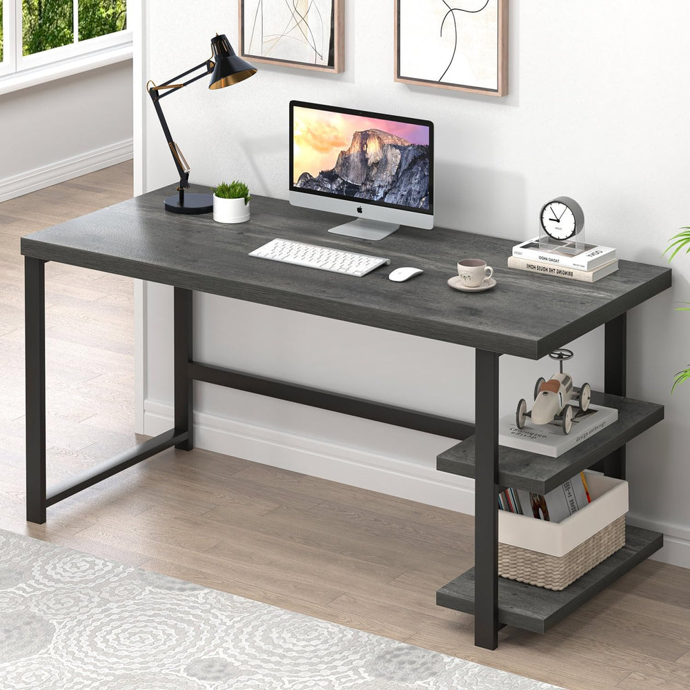 EXCEFUR Industrial Computer Desk, Home Office Desk with Storage Shelves, Wood...
