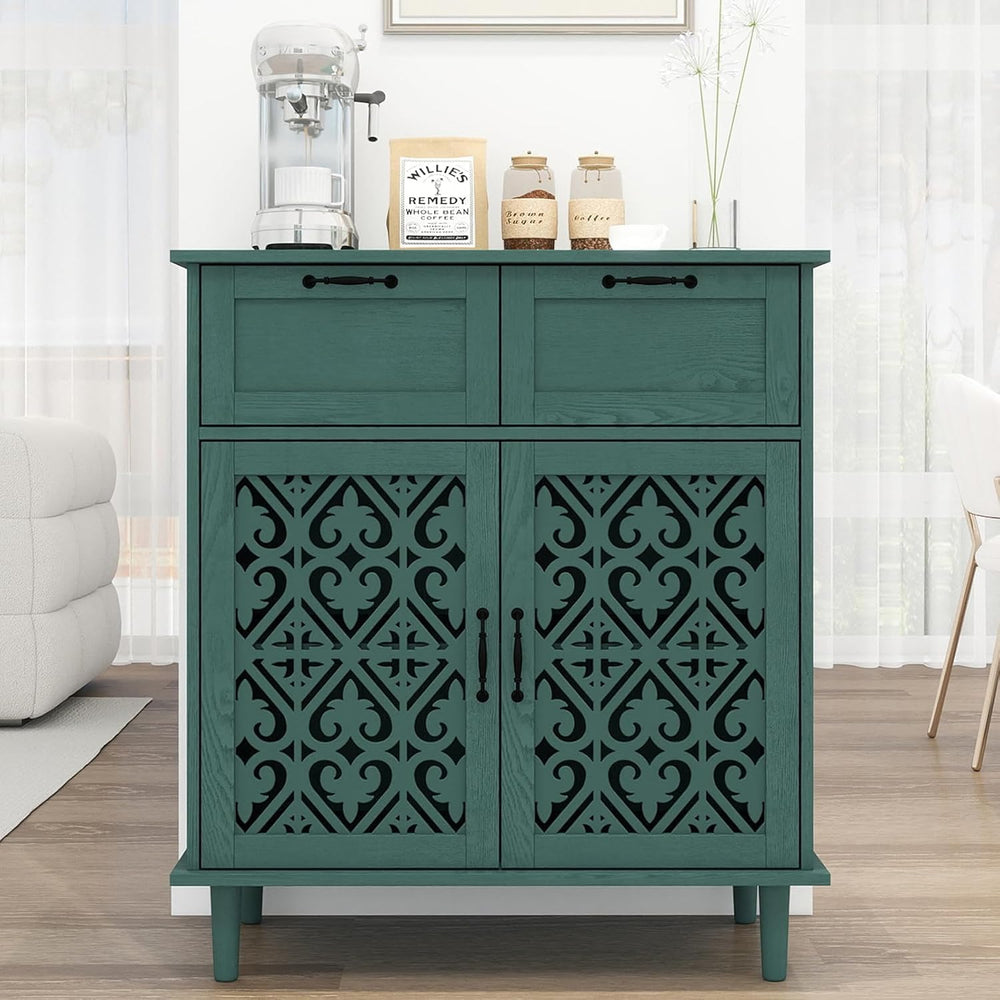 Green Buffet Sideboard Cabinet with 2 Doors 2 Drawers- Accent Cabinet with Ad...