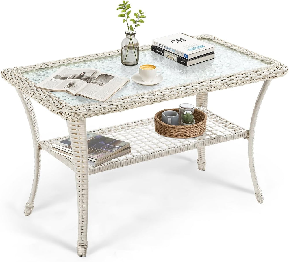 VIVIJASON Outdoor Wicker Coffee Table, All-Weather Rattan Patio Coffee Table ...