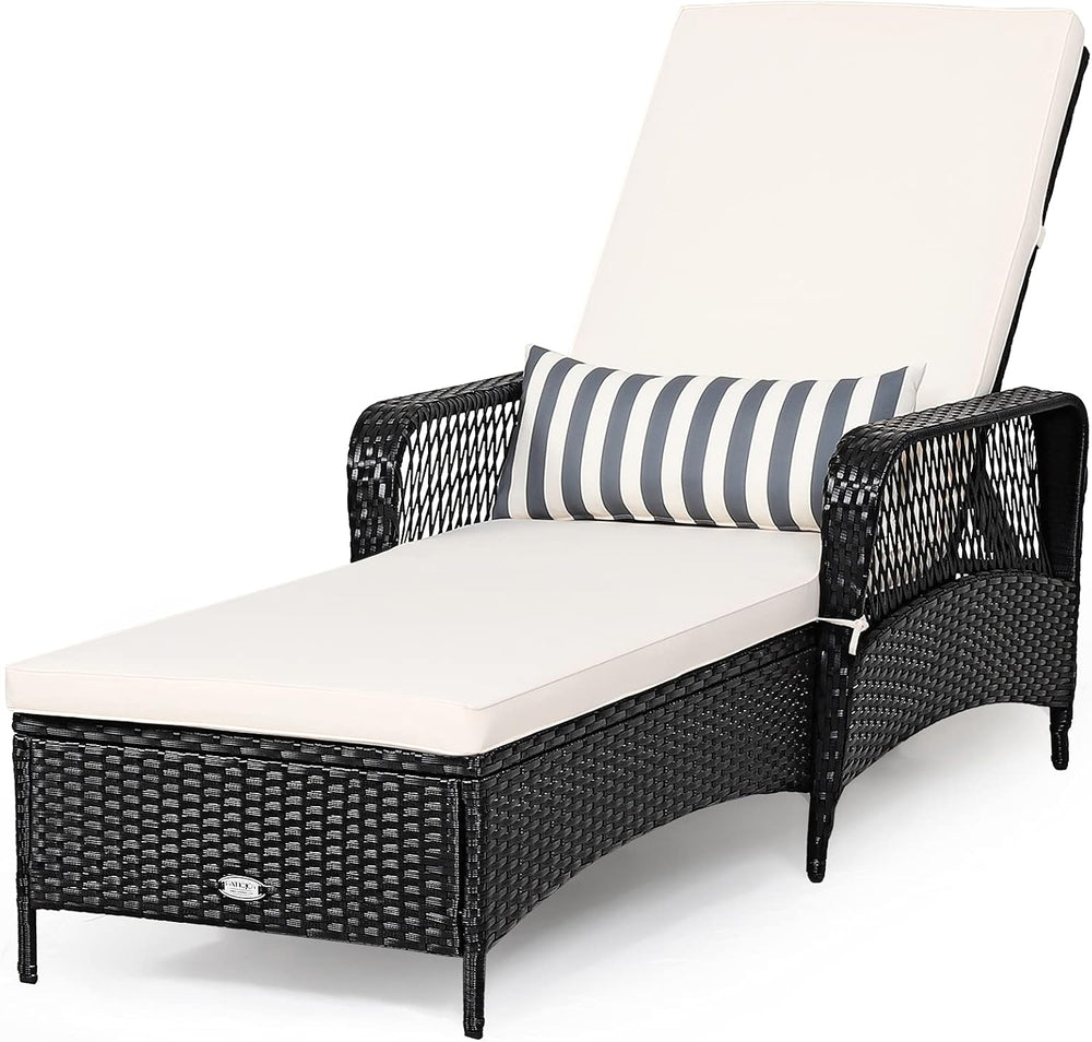 COSTWAY PE Rattan Chaise Lounge Chair Armrest Recliner Adjustable Pillow Black
