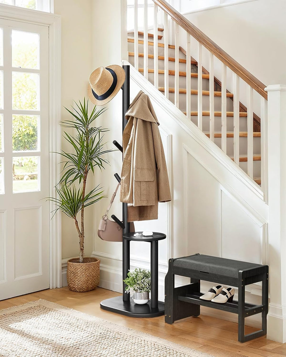 Pipishell Solid Wood Freestanding Coat Rack with 8 Hooks & Shelves, Black