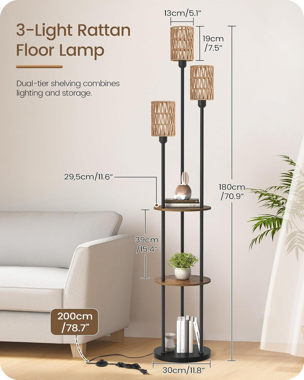 Floor Lamp with Shelves, Boho Floor Lamp with Foot Switch, 3-Light Standing L...