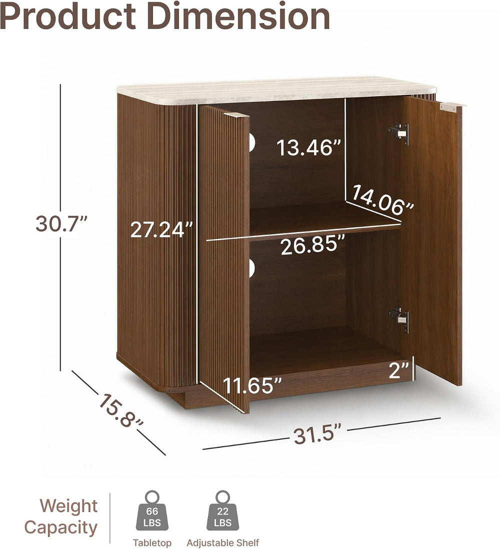 KISLOT 32" Fluted Buffet Sideboard with Storage Cabinet, Walnut