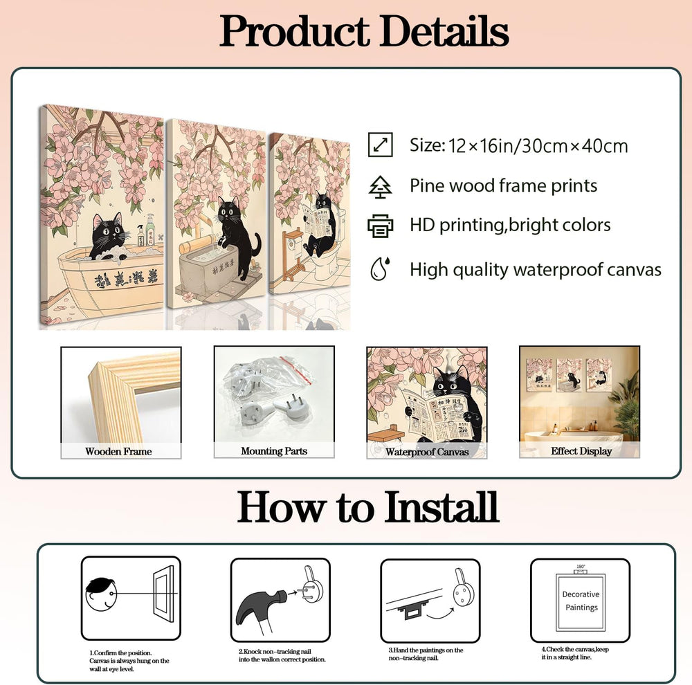 Funny Japanese Bathroom Wall Art Set of 3, Whimsical Black Cat Bathroom Wall ...