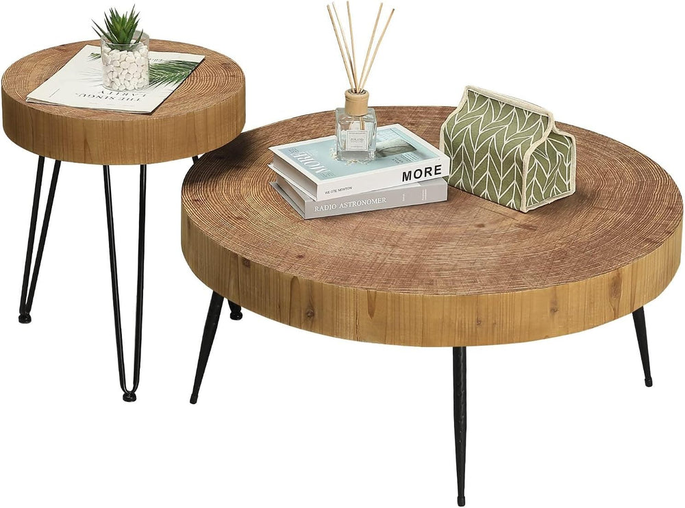 RUSTOWN Farmhouse Round Coffee Table Set of 2, Cocktail Table Sets