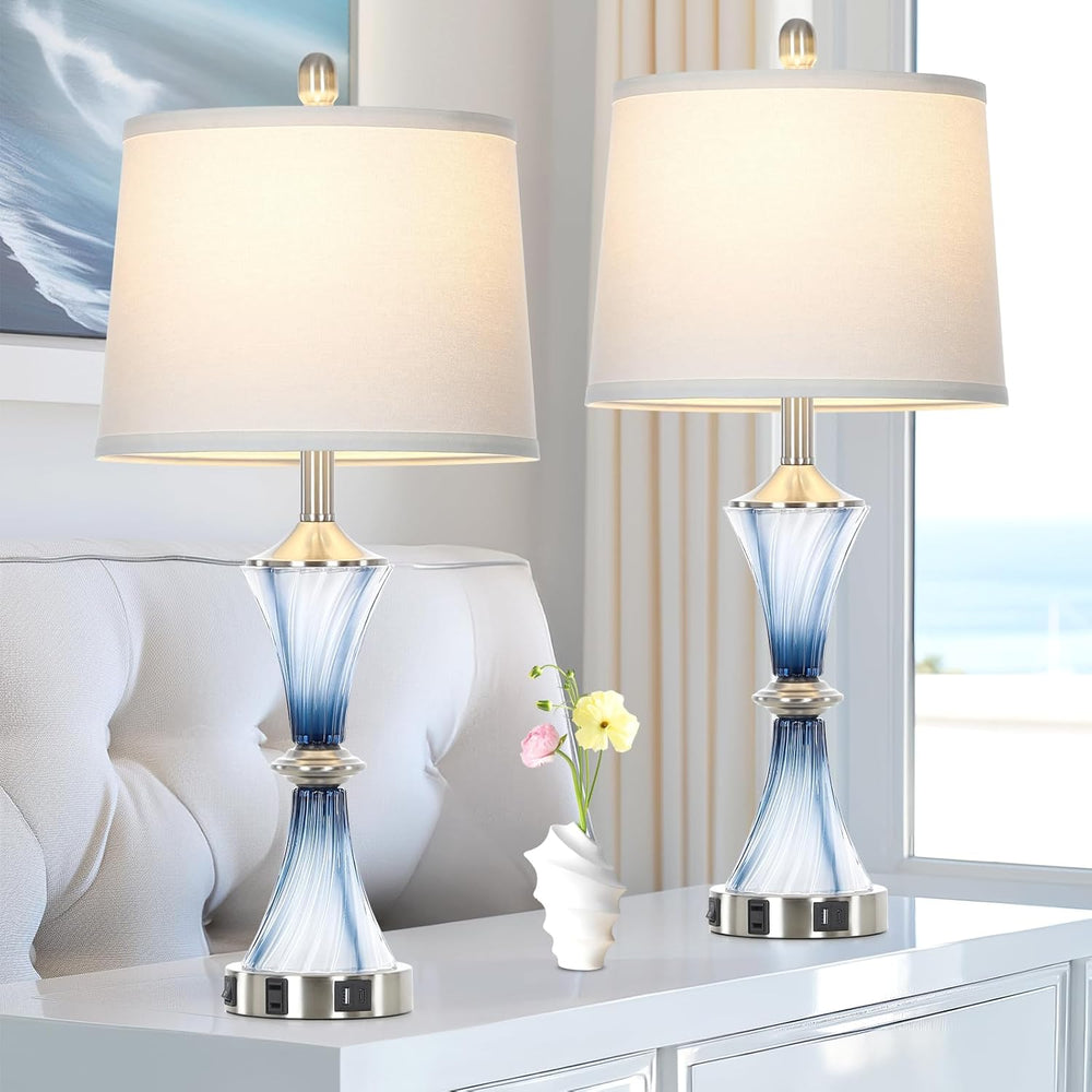 Rinweey Blue Glass Table Lamp Set of 2 with USB C+A Ports & AC Outlet, Be...
