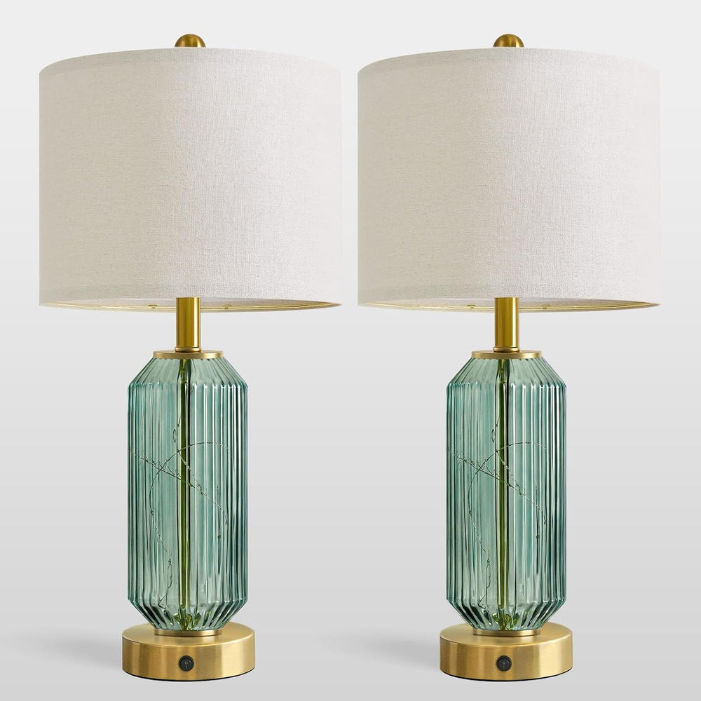 Oneach 24.5" Bedside Table Lamps Set of 2, Green Glass Nightstand Lamps ...