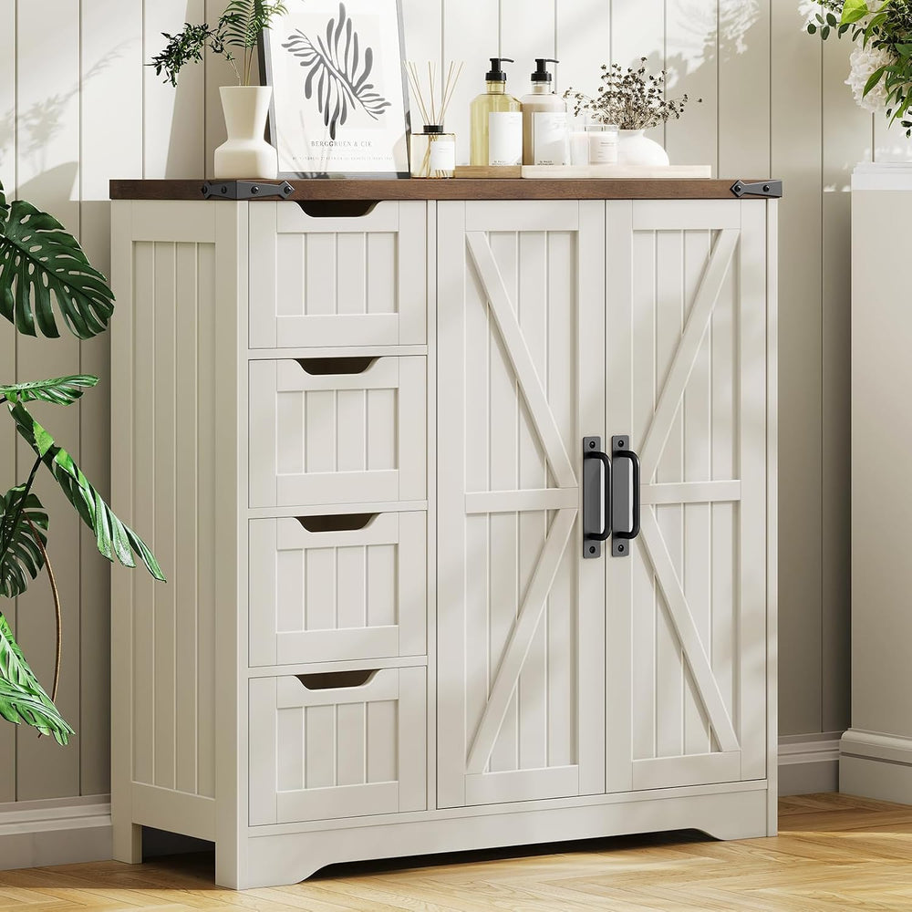 Vabches Farmhouse Bathroom Cabinet, Freestanding Storage Cabinet with 4 Drawe...