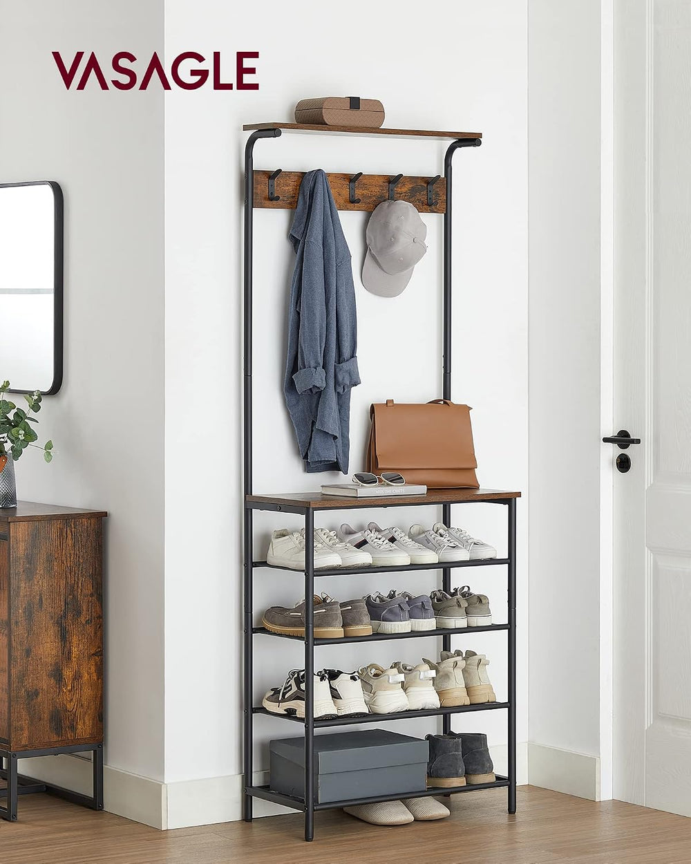 VASAGLE Hall Tree with Shoe Bench, 5-Tier Shoe Rack, 5 Dual Hooks