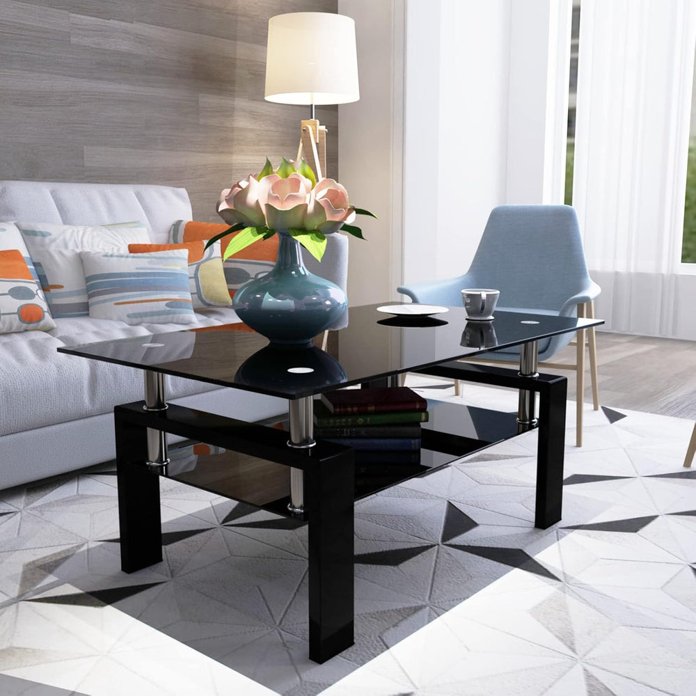 IANIYA Modern Living Room Coffee Table, Glass Center Table, Black