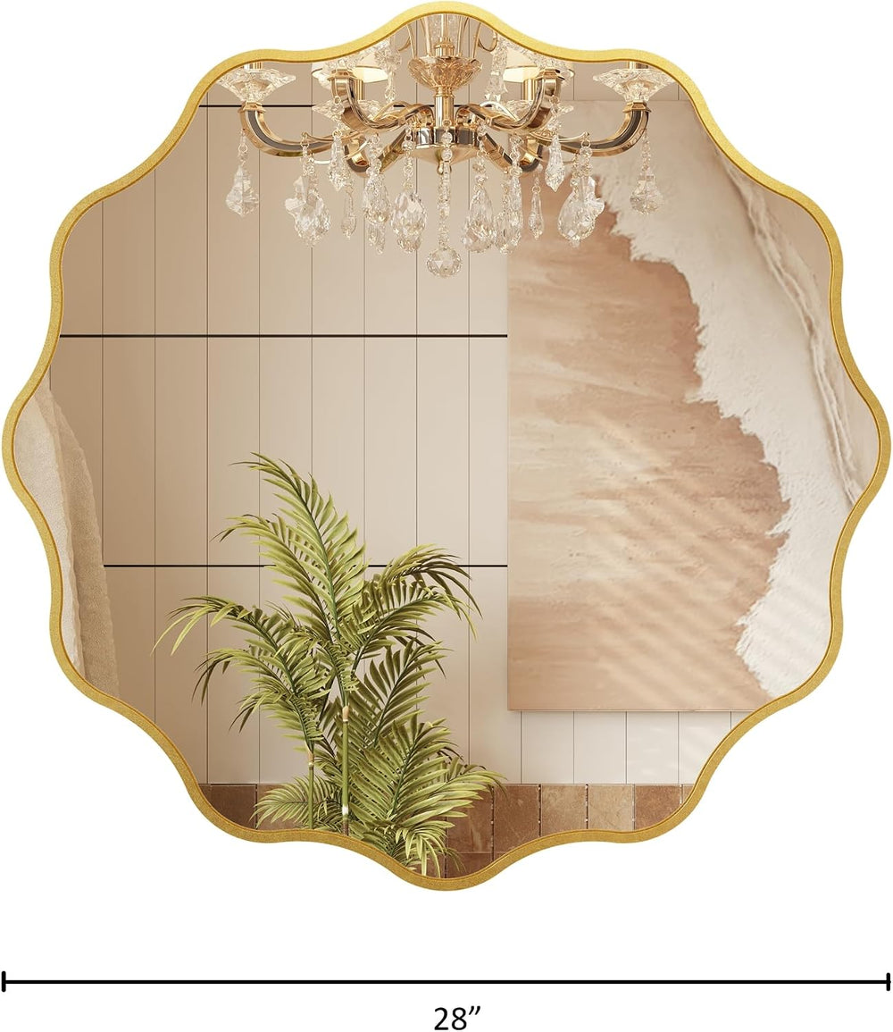 Kelly Miller 28" Gold Round Scalloped Mirror, Wavy Edge Decorative Mirror