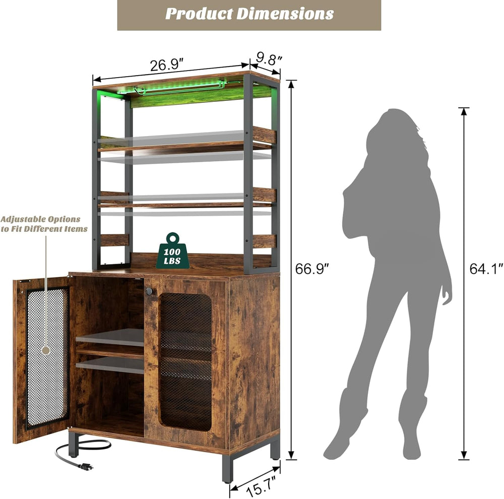 Aheaplus Bar Cabinet with Power Outlets, LED Lights, 67" Tall Wine Cabinet