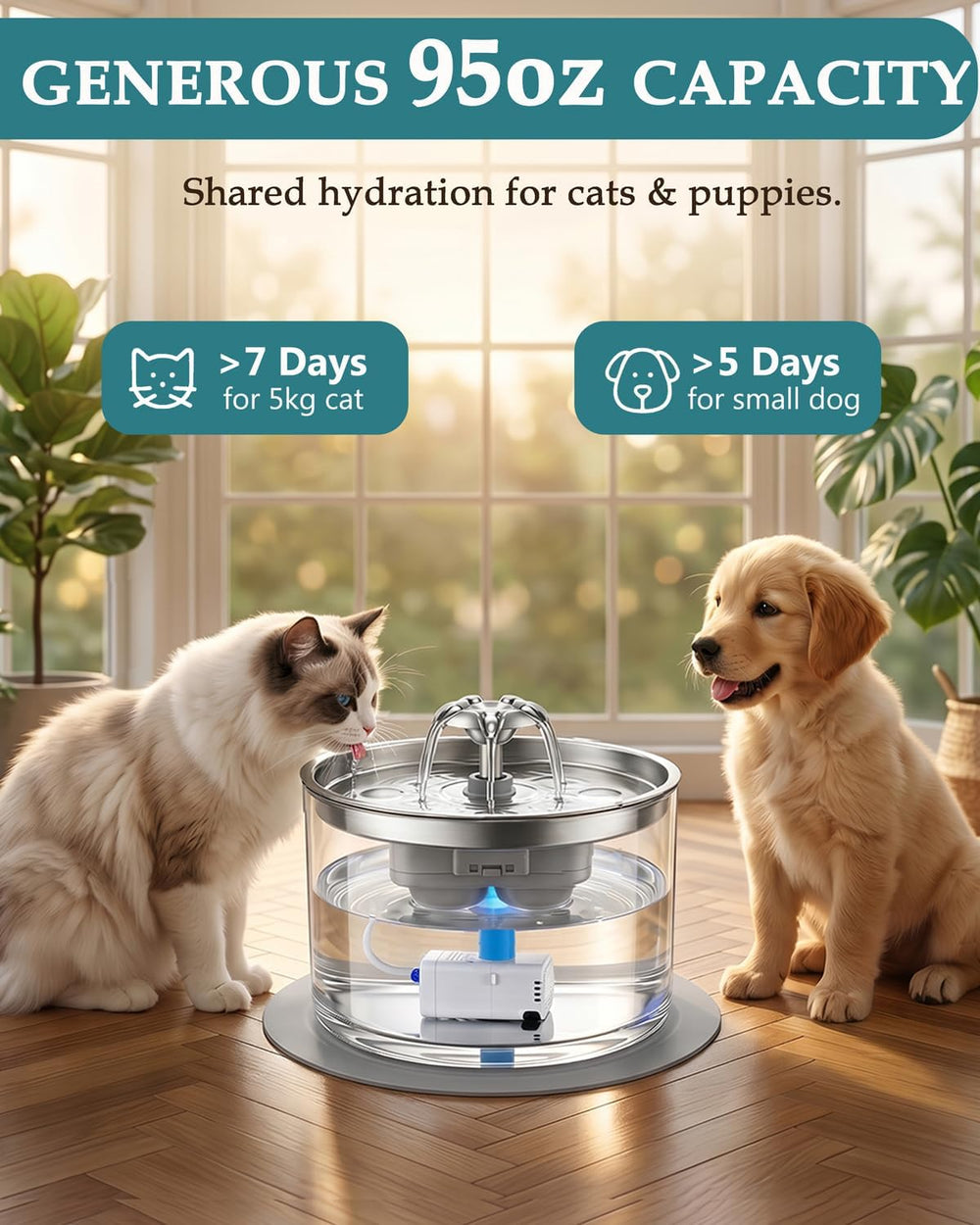 2.8L/95oz Glass Cat Water Fountain with Stainless Steel Lid
