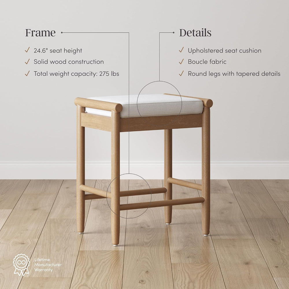 Nathan James Kirsten Scandinavian Backless Wooden Bar Stool, Boucle Bar Stool...