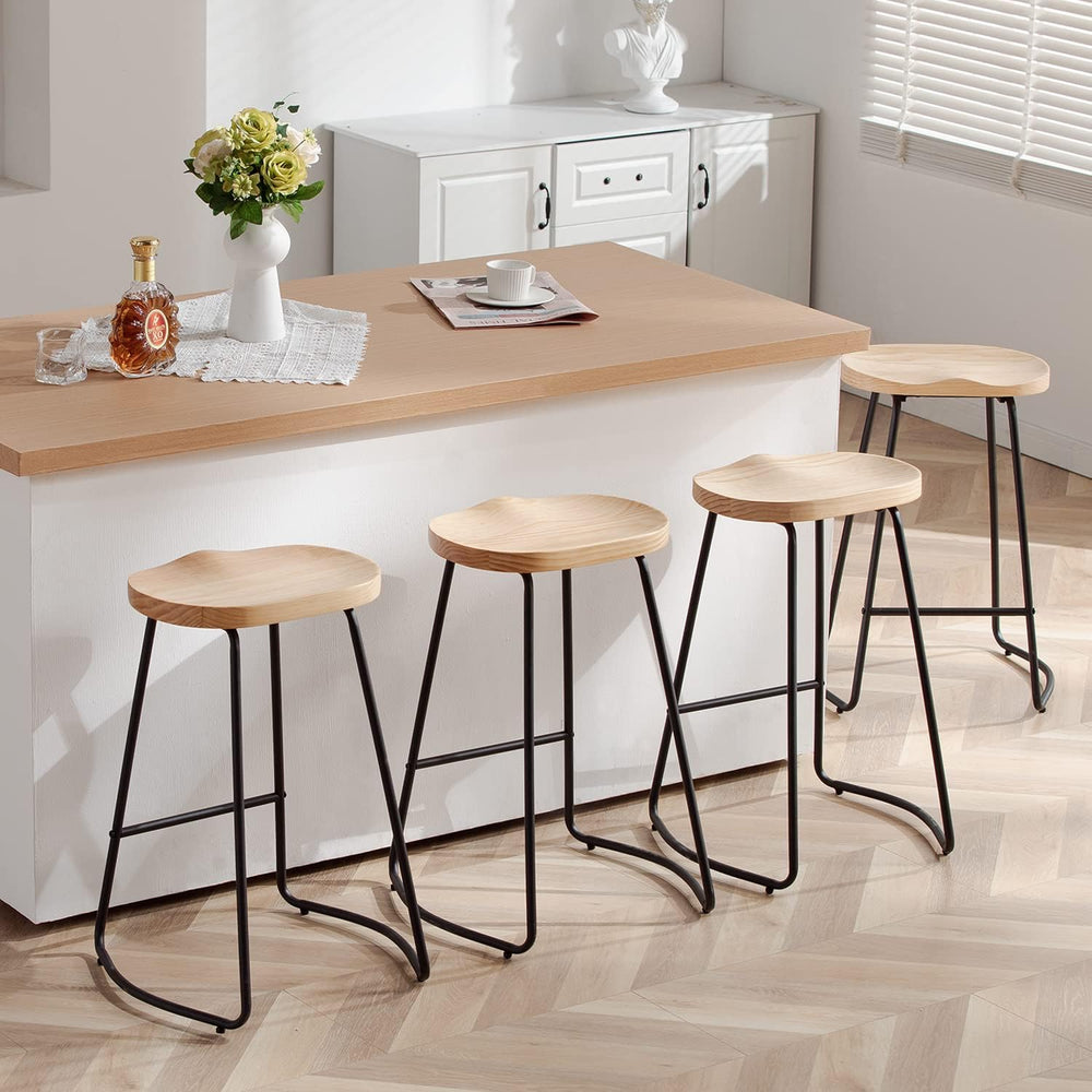 HeuGah 26" Wood Bar Stools Set of 4, Rustic Backless Saddle Counter Stools