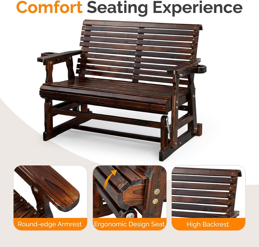 VINGLI Outdoor Glider Wood Patio Chair with Cup Holders, Outdoor Bench Glider...