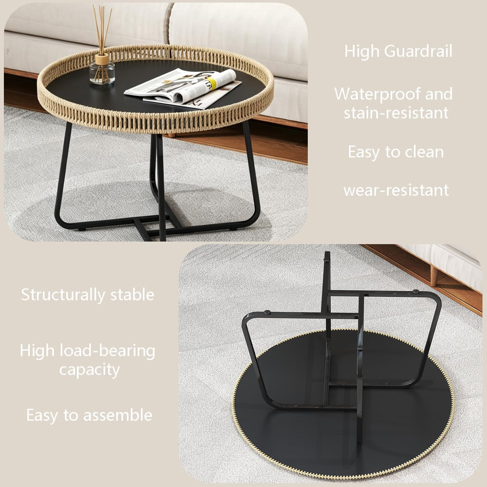 Small Boho Coffee Table Round Rattan, 20 inch Side Table Wicker Metal Legs