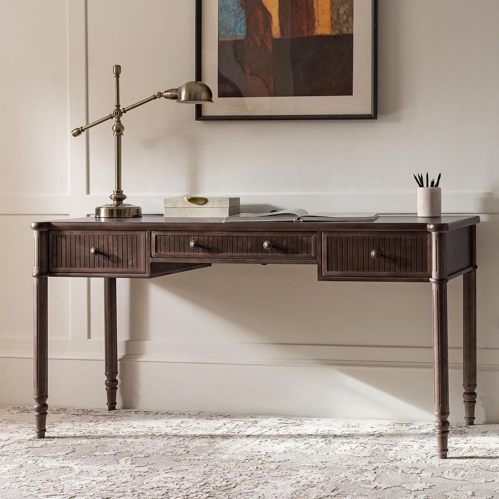 HULALA HOME 60 Inches Fluted Writing Desk with Charging Station, Walnut
