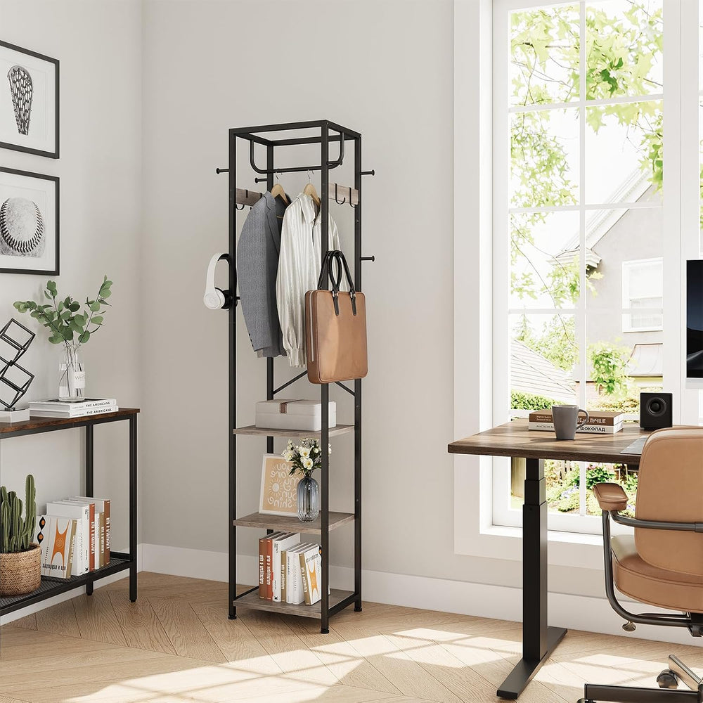 Coat Rack Freestanding, Hall Tree with 3 Shelves and 12 Hooks, Greige