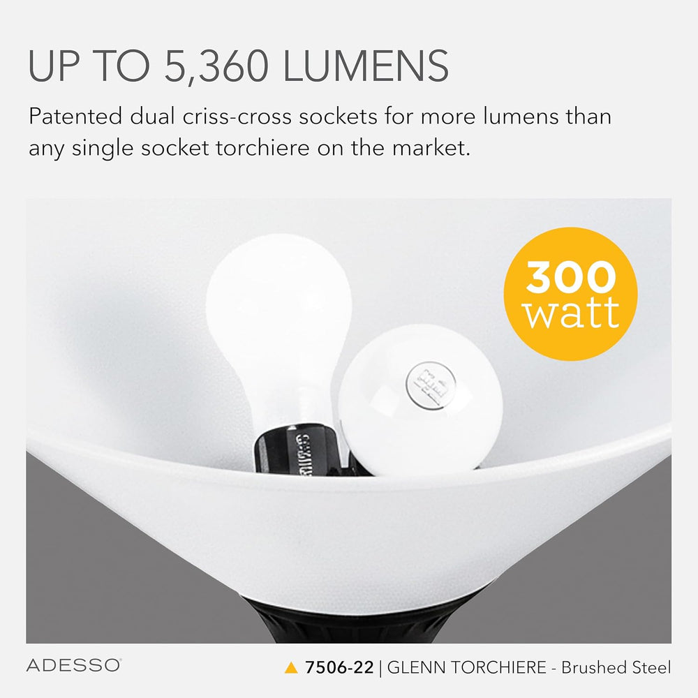 Adesso Dual-Socket Floor Lamp, Brushed Steel & White, 3-Way, 71”