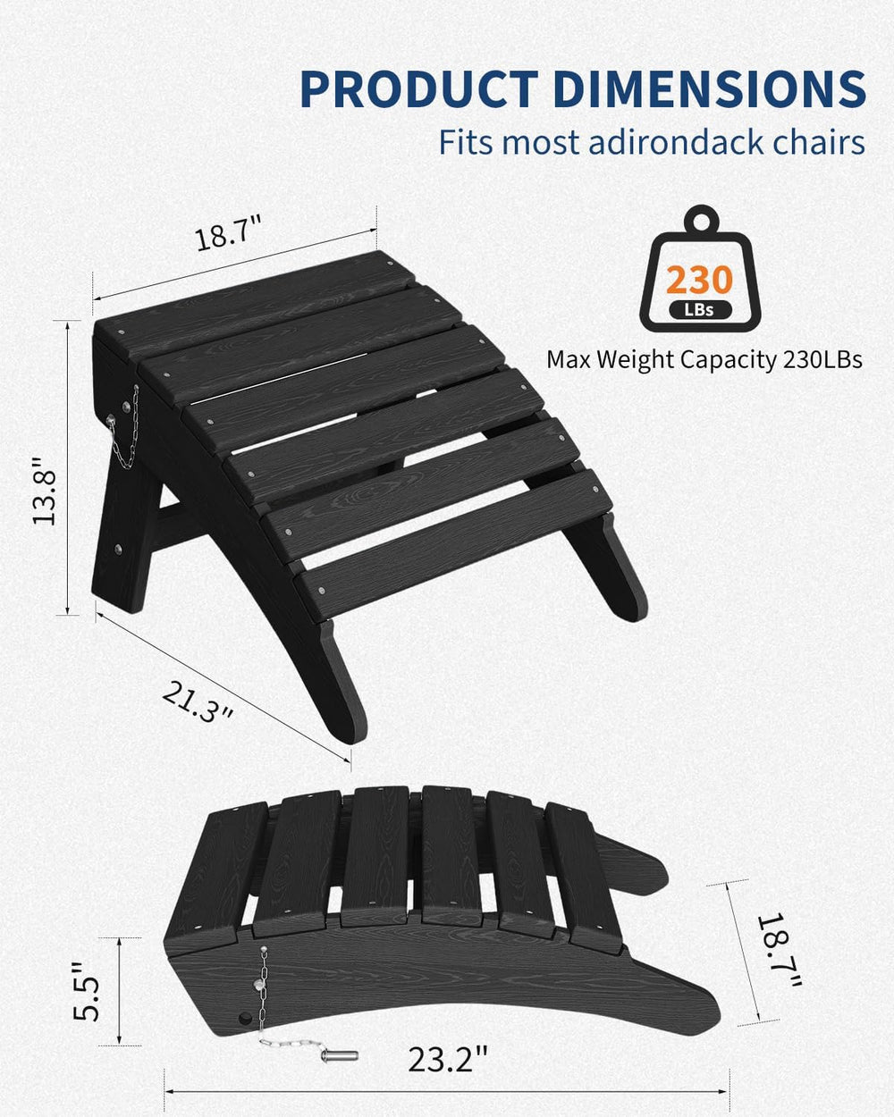 Garvee Folding Adirondack Ottoman, HDPE Footrest for Oudoor Chair, Black
