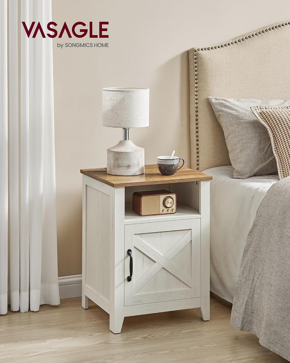 VASAGLE Farmhouse Nightstand with Barn Door, Bedside Table for Bedroom