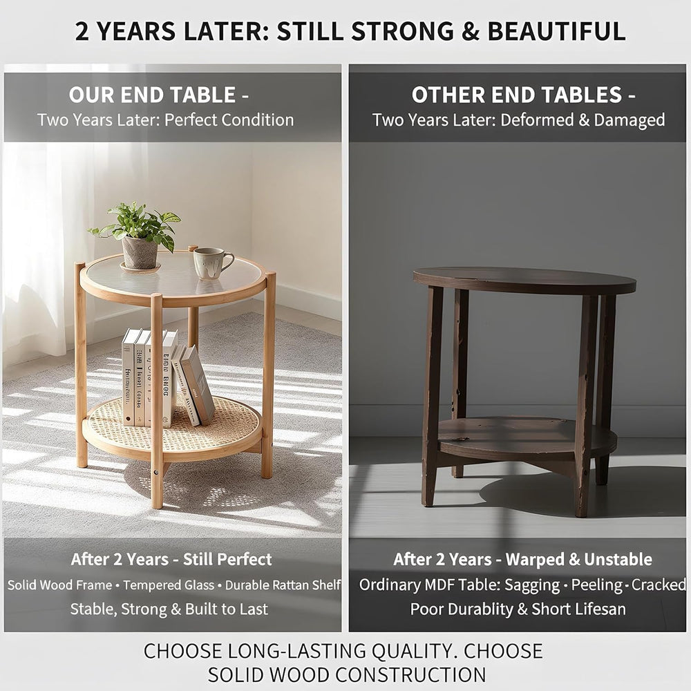 Tiita Rattan Side Table, Modern Round Bamboo End Table, Glass Top, Wood