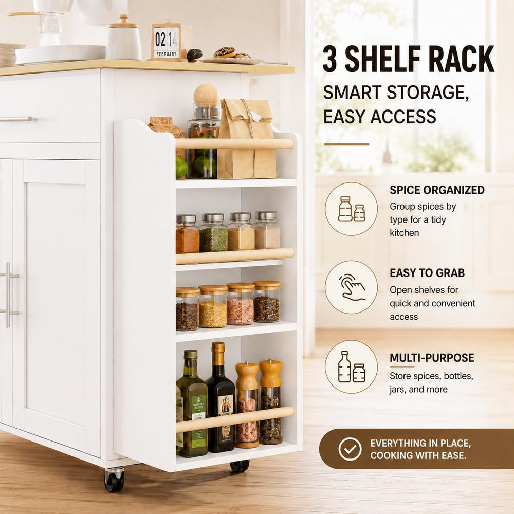IRONCK Kitchen Island with Storage, Charging Station and Drop Leaf, White