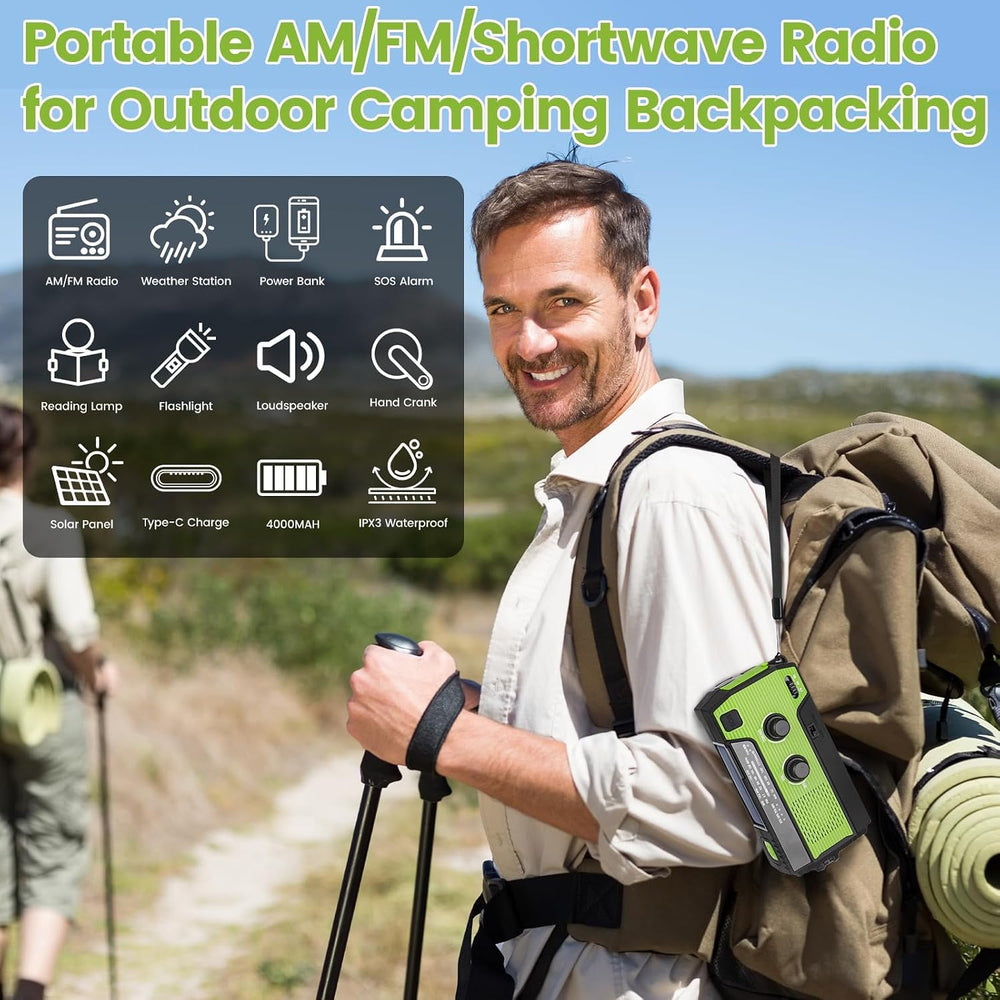 4000mAh/14800mWh Emergency Radio, Solar Hand Crank Emergency Radio - NOAA Wea...