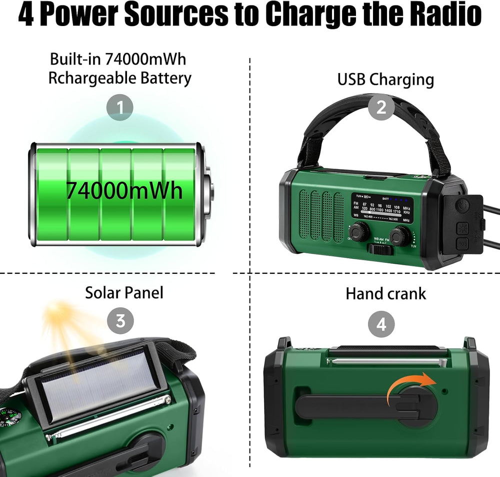 QAUYYW Hand Crank Solar Emergency Radio,74000mWh NOAA AM FM Weather Radio