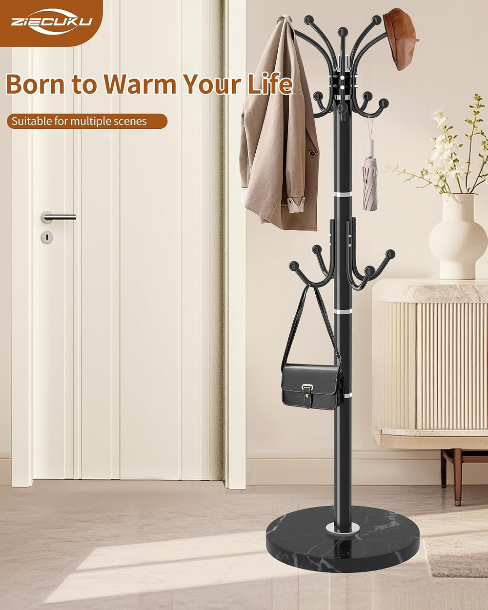 Metal Coat Rack Freestanding with 360°Rotary 14 Hooks Marble Base
