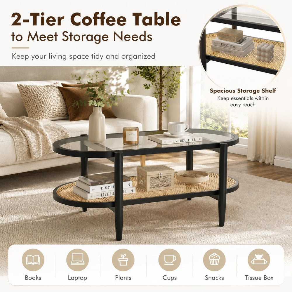NAFORT Rattan Coffee Table, 2-Tier Oval Modern Center Table with Tempered Gla...