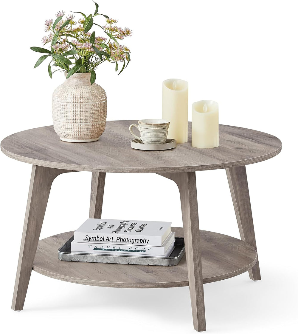 VASAGLE Round Coffee Table, 2-Tier Center Table with Storage, Tapered Legs