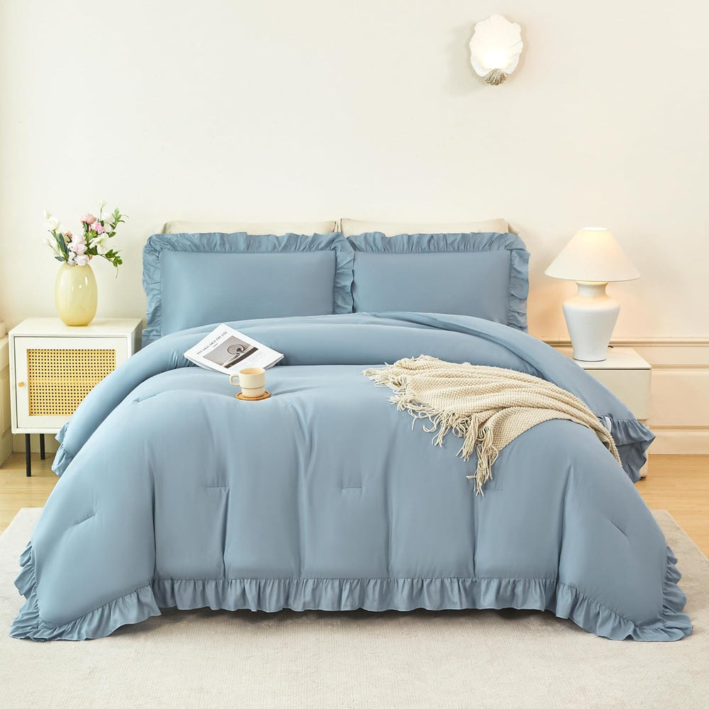 ANGIYUIN 5Pcs King Size Comforter Sets Dusty Blue Ruffle Bedding Sets